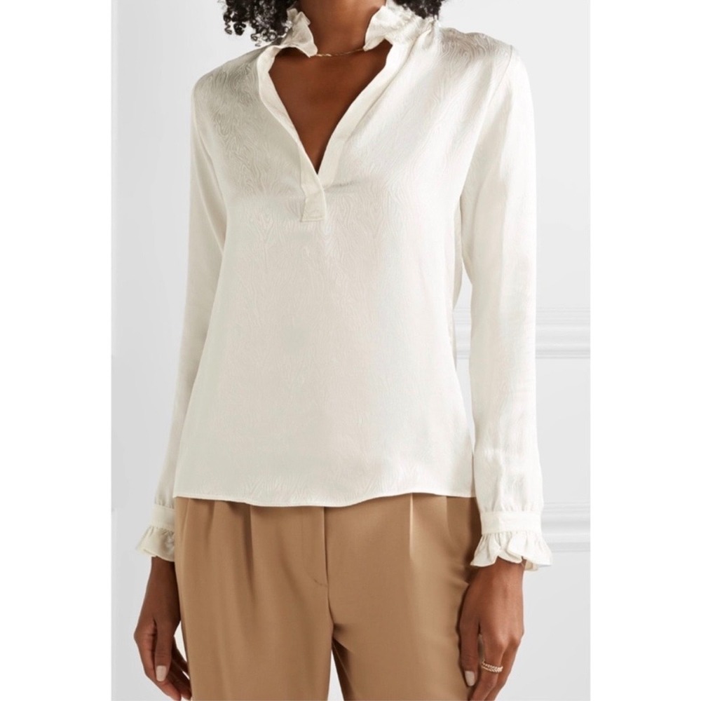 Nili Lotan Ester Silk Jacquard Ruffle Blouse Womens M Ivory Luxury Designer